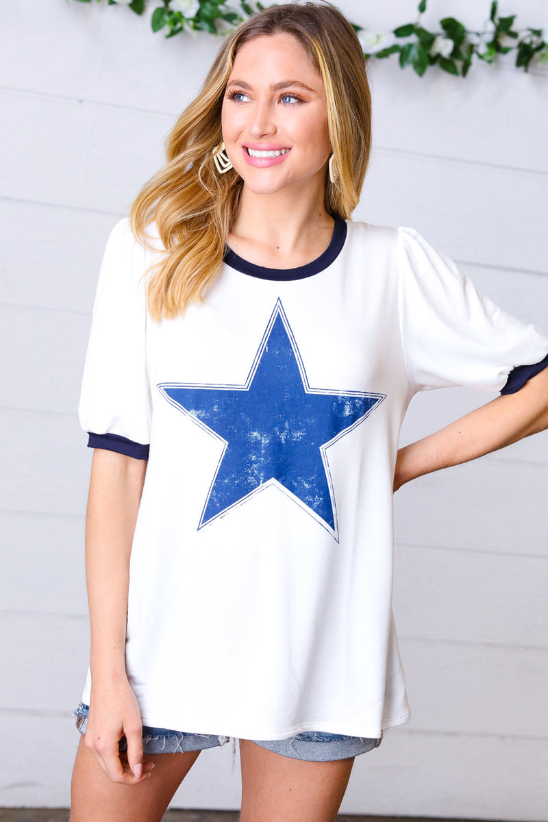 Off White Distressed Star Terry Puff Short Sleeve Top