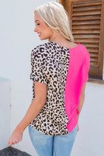 Leopard Color Block V Neck Blouse Pink